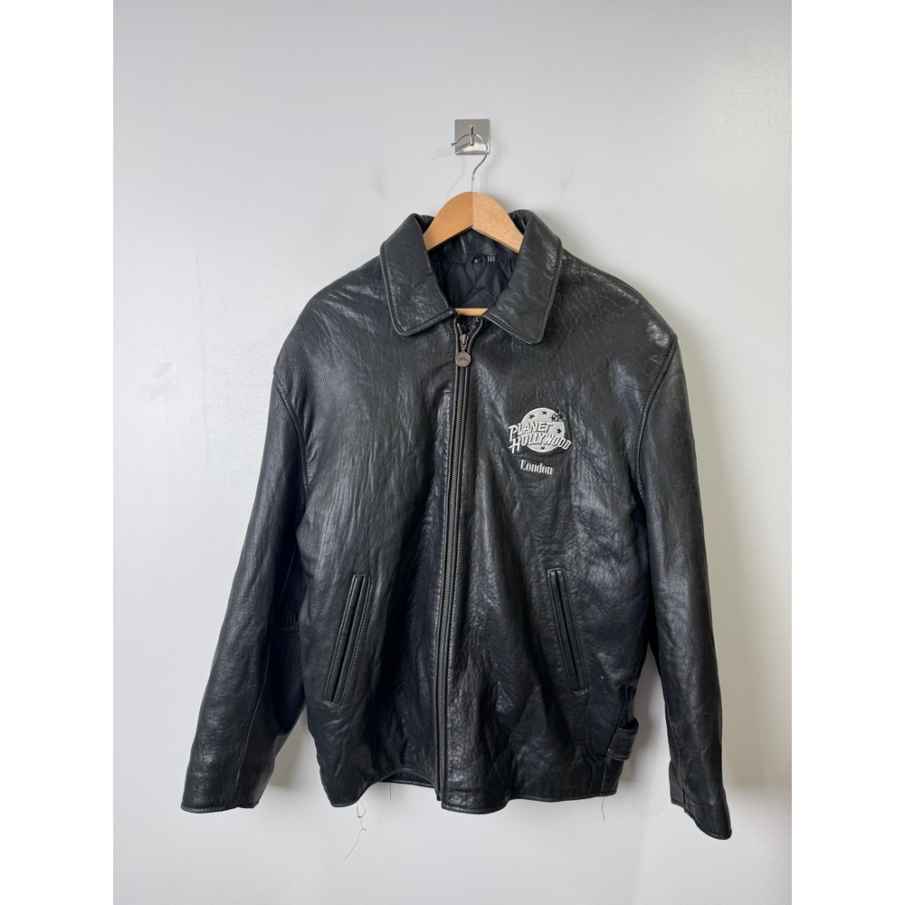 Planet Hollywood Men Black Leather Bomber Jacket London Vintage Small